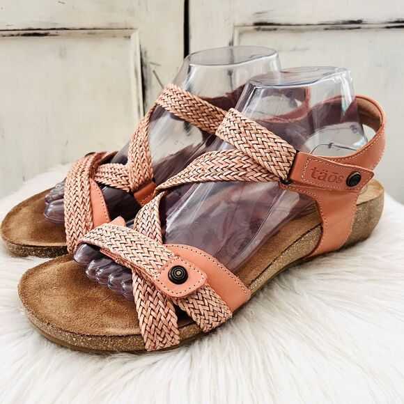 Taos Trulie Peach Woven Strappy Adjustable Cork Bed Earthy Boho Sandals 10-10.5 - Picture 1 of 8